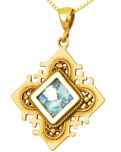 'Jerusalem Cross' Squared Pendant - Roman Glass and 14k Gold Pendant - Made in the Holy Land