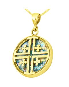 Roman Glass 'Jerusalem Cross' Circular Pendant - 14k Gold - Made in the Holy Land