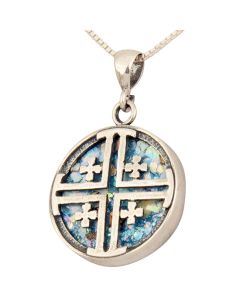 Roman Glass 'Jerusalem Cross' Circular Pendant - Sterling Silver - Made in the Holy Land