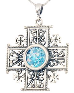 Roman Glass 'Jerusalem Cross' Decorated Five-Fold Cross Pendant - Sterling Silver - Holy Land Jewelry