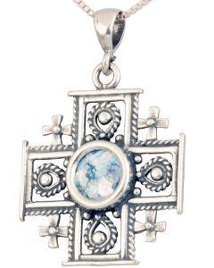 Roman Glass 'Jerusalem Cross' Decorated Pendant - 925 Sterling Silver - Holy Land Jewelry