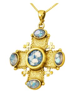 Roman Glass 'Jerusalem Cross' Stones Pendant - 14k Gold - Holy Land Jewelry