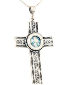 Roman Glass - Lattice 'Cross' Pendant - 925 Sterling Silver