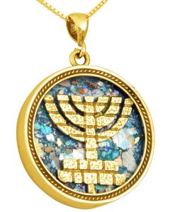 Roman Glass 'Jerusalem Walls Menorah' 14k Gold Pendant - Made in Israel