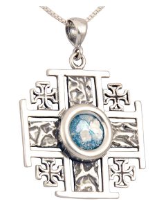 Roman Glass 'Jerusalem Cross' Five-Fold Rugged Cross Pendant - Sterling Silver - Made in the Holy Land