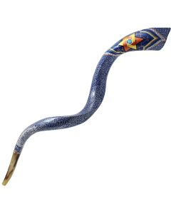 Artistic Yemenite Kudu Shofar By Sarit Romano - with a 'Star of David' and Blue and White Decoration