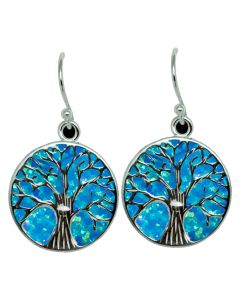 Sterling silver Tree of Life earrings mounted on blue opal
