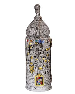 Hebrew Sefer Torah Scroll - Jerusalem design - 3D Silver and Gold Plated Case with choshen 7.5 inch