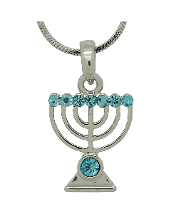 White Rhodium Menorah Pendant with Blue Crystals - Includes chain