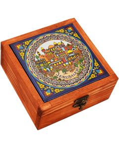 Wood Jewelry Box with Jerusalem Ceramic Tile - Made in the Holy Land - Medium