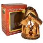 Olive Wood Nativity Scene Ornament from Bethlehem with Bell - Natural Bark Roof - 6 Inch - Boxed