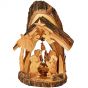 Olive Wood Nativity Scene Ornament from Bethlehem with Bell - Natural Bark Roof - 6 Inch
