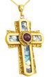 Roman Glass 'Rugged Cross' with Red Crystal Pendant - 14k Gold - Made in the Holy Land