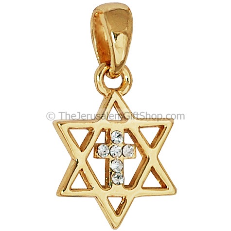 Cross with Cubic Zirconia stones inside Star of David - gold fill